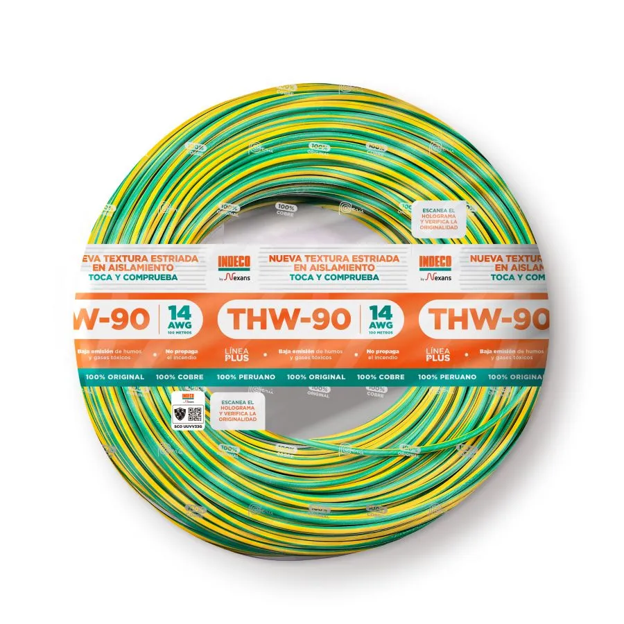 Cable THW-90 +Plus 14 AWGx100m Indeco-Amarillo/Verde